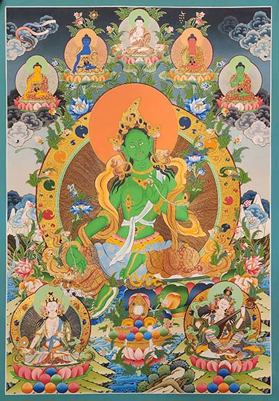 Green Tara Thangka Painting With Pancha Buddha, Buddhist Traditional Painting, [real Gold], Tibetan Style, Three Goddess Of Divine Grace