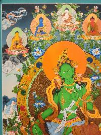Green Tara Thangka Painting With Pancha Buddha, Buddhist Traditional Painting, [real Gold], Tibetan Style, Three Goddess Of Divine Grace