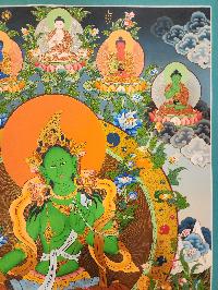 Green Tara Thangka Painting With Pancha Buddha, Buddhist Traditional Painting, [real Gold], Tibetan Style, Three Goddess Of Divine Grace