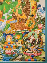 Green Tara Thangka Painting With Pancha Buddha, Buddhist Traditional Painting, [real Gold], Tibetan Style, Three Goddess Of Divine Grace
