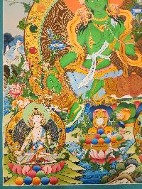Green Tara Thangka Painting With Pancha Buddha, Buddhist Traditional Painting, [real Gold], Tibetan Style, Three Goddess Of Divine Grace