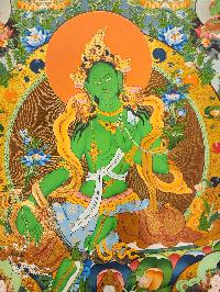 Green Tara Thangka Painting With Pancha Buddha, Buddhist Traditional Painting, [real Gold], Tibetan Style, Three Goddess Of Divine Grace