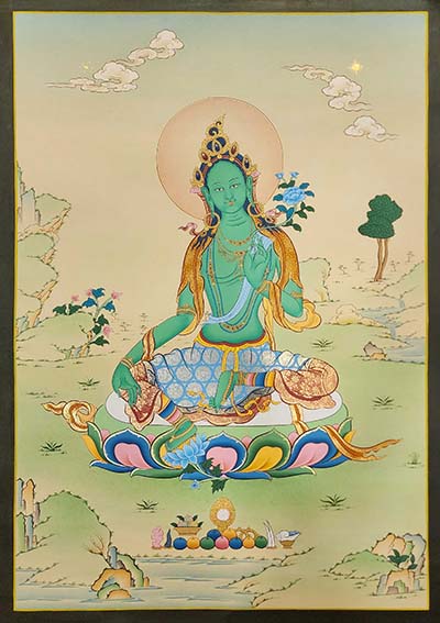Green Tara Thangka, Buddhist Traditional Painting, [real Gold] Karma Gadri Art