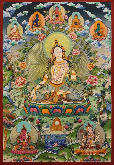 White Tara Thangka Painting With Pancha Buddha, Buddhist Traditional Painting, Tibetan Style, Three Long Life Deities With Pancha Buddha