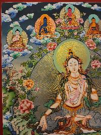 White Tara Thangka Painting With Pancha Buddha, Buddhist Traditional Painting, Tibetan Style, Three Long Life Deities With Pancha Buddha