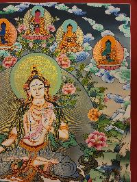 White Tara Thangka Painting With Pancha Buddha, Buddhist Traditional Painting, Tibetan Style, Three Long Life Deities With Pancha Buddha