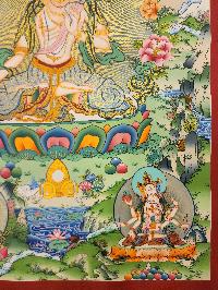 White Tara Thangka Painting With Pancha Buddha, Buddhist Traditional Painting, Tibetan Style, Three Long Life Deities With Pancha Buddha