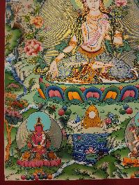 White Tara Thangka Painting With Pancha Buddha, Buddhist Traditional Painting, Tibetan Style, Three Long Life Deities With Pancha Buddha