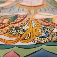 White Tara Thangka Painting With Pancha Buddha, Buddhist Traditional Painting, Tibetan Style, Three Long Life Deities With Pancha Buddha
