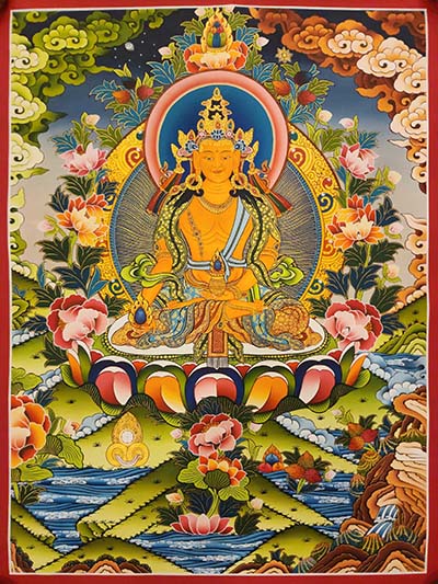 Ratnasambhava Buddha Thangka, Buddhist Traditional Painting, In Tibetan And Newari Mix Style, Tibetan Style