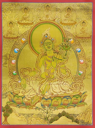 Green Tara Thangka, [high Quality], Buddhist Traditional Painting, Lhyape Style, [real Gold], With Pancha Buddha