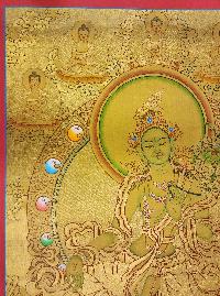 Green Tara Thangka, [high Quality], Buddhist Traditional Painting, Lhyape Style, [real Gold], With Pancha Buddha