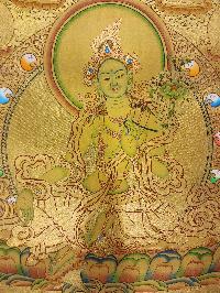 Green Tara Thangka, [high Quality], Buddhist Traditional Painting, Lhyape Style, [real Gold], With Pancha Buddha