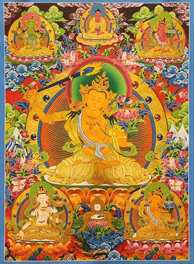 Five Dhyani Manjushri Thangka, [master Quality], Buddhist Traditional Painting, Tibetan Style, [real Gold]
