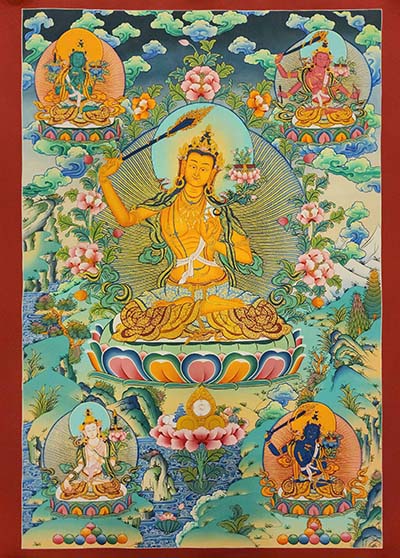 Five Dhyani Manjushri Thangka, Buddhist Traditional Painting, Tibetan Style