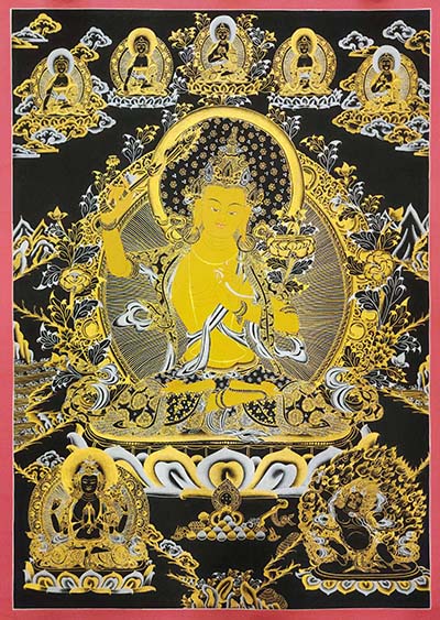 Manjushri Thangka With Pancha Buddha, Buddhist Traditional Painting, Tibetan Style, Three Great Bodhisattvas