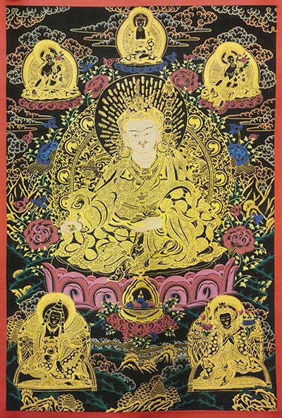 Padmasambhava Thangka, [black And Gold], Buddhist Traditional Hand Painting, Tibetan Style, [fast Selling]