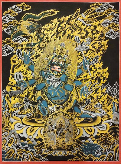 Black Mahakala 6 Arms Thangka, [black And Gold], Buddhist Traditional Hand Painting, Tibetan Style, [fast Selling]
