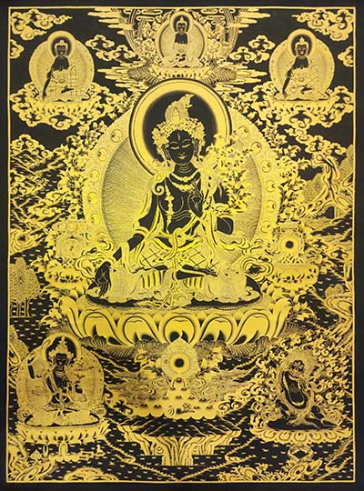 White Tara Thangka, [black And Gold], Buddhist Traditional Hand Painting, Tibetan Style, Three Long Life Deities, [fast Selling]