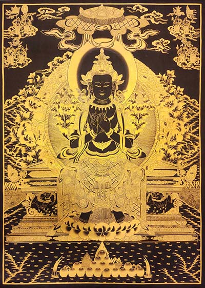 Maitreya Buddha Thangka, [black And Gold], Buddhist Traditional Hand Painting, Tibetan Style, [fast Selling]