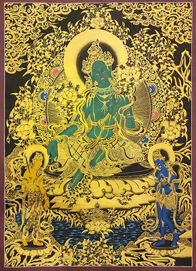 Green Tara Thangka, [black And Gold], Buddhist Traditional Hand Painting, Tibetan Style, [fast Selling]