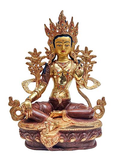 Green Tara, Buddhist Handmade Statue, With Gold Base, [partly Gold Plated, Face Painted]