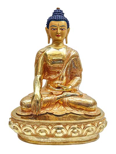 Shakyamuni Buddha, Buddhist Handmade Statue, [full Fire Gold Plated] With Painted Face