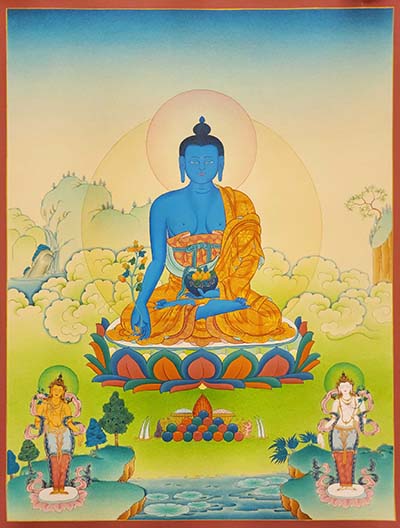 Medicine Buddha Thangka, Buddhist Traditional Painting, Tibetan Style, [real Gold], [smoked Antique]