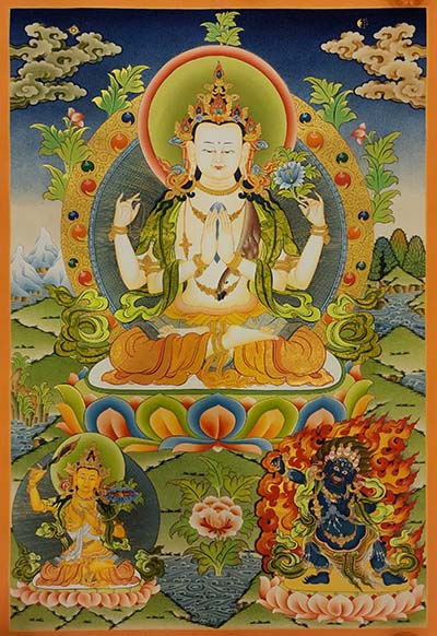 Chenrezig Thangka, Buddhist Traditional Painting, Tibetan Style, [real Gold], Three Great Bodhisattvas, [smoked Antique]