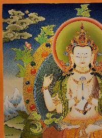 Chenrezig Thangka, Buddhist Traditional Painting, Tibetan Style, [real Gold], Three Great Bodhisattvas, [smoked Antique]