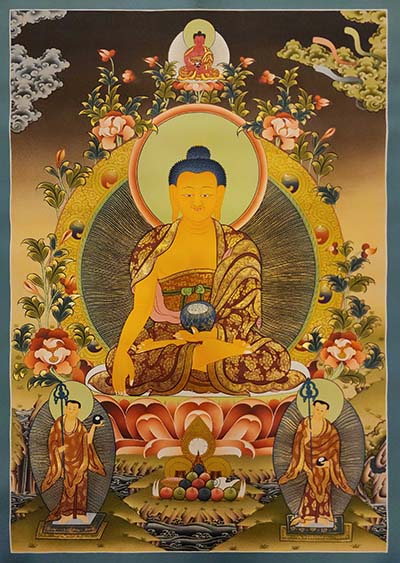 Shakyamuni Buddha Thangka, Buddhist Traditional Painting, Tibetan Style, [real Gold], Sariputra And Maudgalyayana, [smoked Antique]