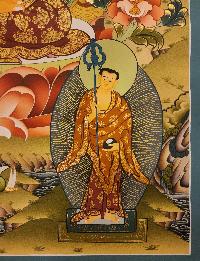 Shakyamuni Buddha Thangka, Buddhist Traditional Painting, Tibetan Style, [real Gold], Sariputra And Maudgalyayana, [smoked Antique]