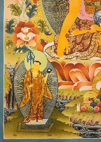 Shakyamuni Buddha Thangka, Buddhist Traditional Painting, Tibetan Style, [real Gold], Sariputra And Maudgalyayana, [smoked Antique]
