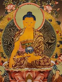 Shakyamuni Buddha Thangka, Buddhist Traditional Painting, Tibetan Style, [real Gold], Sariputra And Maudgalyayana, [smoked Antique]