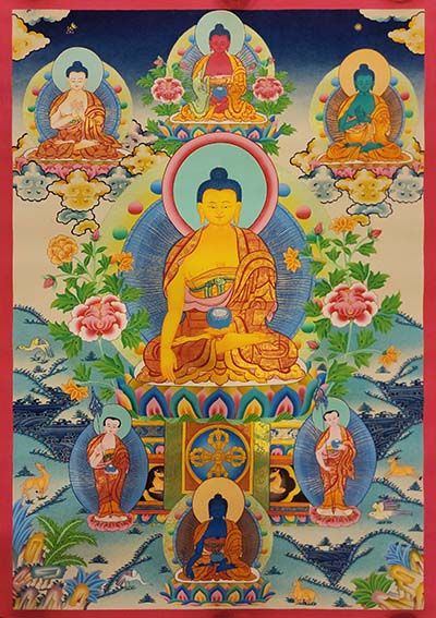 Shakyamuni Buddha Thangka With [pancha Buddha], Buddhist Traditional Painting, Tibetan Style, [real Gold], Sariputra And Maudgalyayana, [smoked Antique], [smoked Antique]