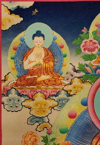 Shakyamuni Buddha Thangka With [pancha Buddha], Buddhist Traditional Painting, Tibetan Style, [real Gold], Sariputra And Maudgalyayana, [smoked Antique], [smoked Antique]
