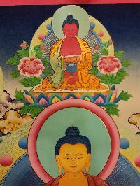Shakyamuni Buddha Thangka With [pancha Buddha], Buddhist Traditional Painting, Tibetan Style, [real Gold], Sariputra And Maudgalyayana, [smoked Antique], [smoked Antique]