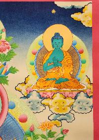 Shakyamuni Buddha Thangka With [pancha Buddha], Buddhist Traditional Painting, Tibetan Style, [real Gold], Sariputra And Maudgalyayana, [smoked Antique], [smoked Antique]