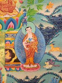 Shakyamuni Buddha Thangka With [pancha Buddha], Buddhist Traditional Painting, Tibetan Style, [real Gold], Sariputra And Maudgalyayana, [smoked Antique], [smoked Antique]