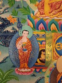 Shakyamuni Buddha Thangka With [pancha Buddha], Buddhist Traditional Painting, Tibetan Style, [real Gold], Sariputra And Maudgalyayana, [smoked Antique], [smoked Antique]