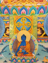 Shakyamuni Buddha Thangka With [pancha Buddha], Buddhist Traditional Painting, Tibetan Style, [real Gold], Sariputra And Maudgalyayana, [smoked Antique], [smoked Antique]