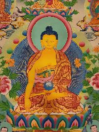 Shakyamuni Buddha Thangka With [pancha Buddha], Buddhist Traditional Painting, Tibetan Style, [real Gold], Sariputra And Maudgalyayana, [smoked Antique], [smoked Antique]