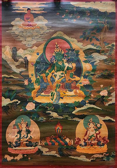 Green Tara Thangka, Buddhist Traditional Painting, Tibetan Style, Three Long Life Deities, [real Gold], [oiled Thangka], [old Stock]