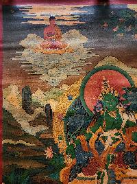 Green Tara Thangka, Buddhist Traditional Painting, Tibetan Style, Three Long Life Deities, [real Gold], [oiled Thangka], [old Stock]