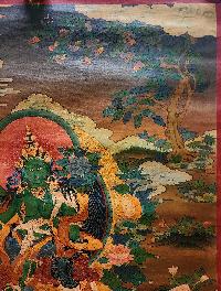 Green Tara Thangka, Buddhist Traditional Painting, Tibetan Style, Three Long Life Deities, [real Gold], [oiled Thangka], [old Stock]