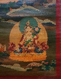 Green Tara Thangka, Buddhist Traditional Painting, Tibetan Style, Three Long Life Deities, [real Gold], [oiled Thangka], [old Stock]