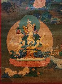 Green Tara Thangka, Buddhist Traditional Painting, Tibetan Style, Three Long Life Deities, [real Gold], [oiled Thangka], [old Stock]