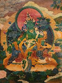 Green Tara Thangka, Buddhist Traditional Painting, Tibetan Style, Three Long Life Deities, [real Gold], [oiled Thangka], [old Stock]