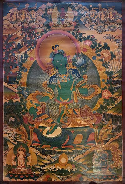 Green Tara Thangka, Buddhist Traditional Painting, Tibetan Style, Goddess Of Divine Grace, [real Gold], [oiled Thangka], [old Stock]