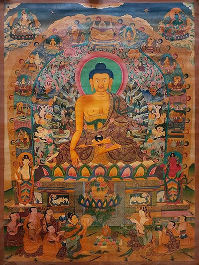 Shakyamuni Buddha Thangka, Buddhist Traditional Painting, Tibetan Style, [real Gold], [oiled Thangka], [old Stock]
